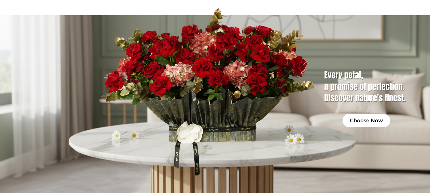 Floral arrangement on a marble table in a living room setting with promotional text.